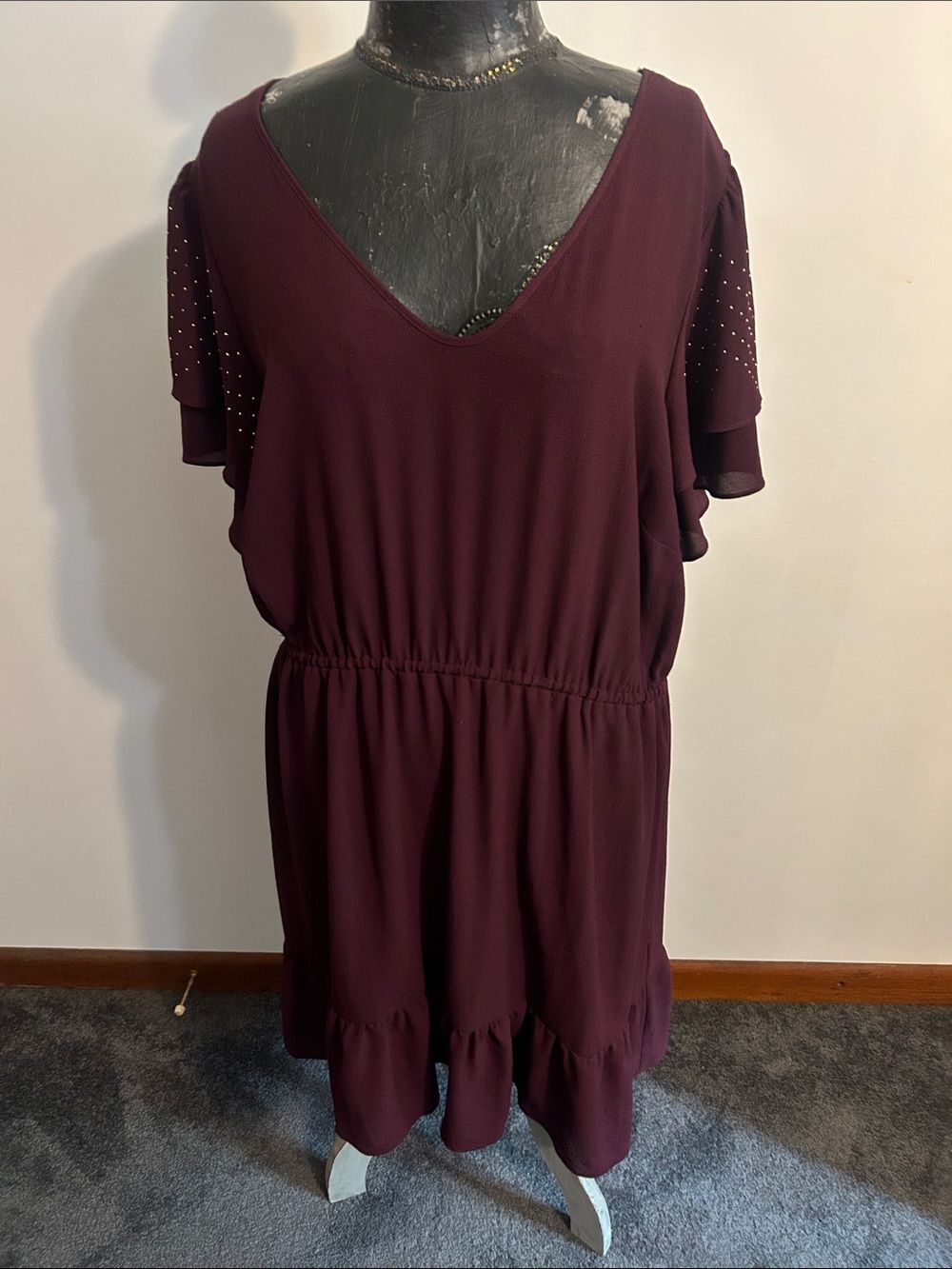 Michael Michael Kors Women's V-Neck Short Sleeve Maroon Dress